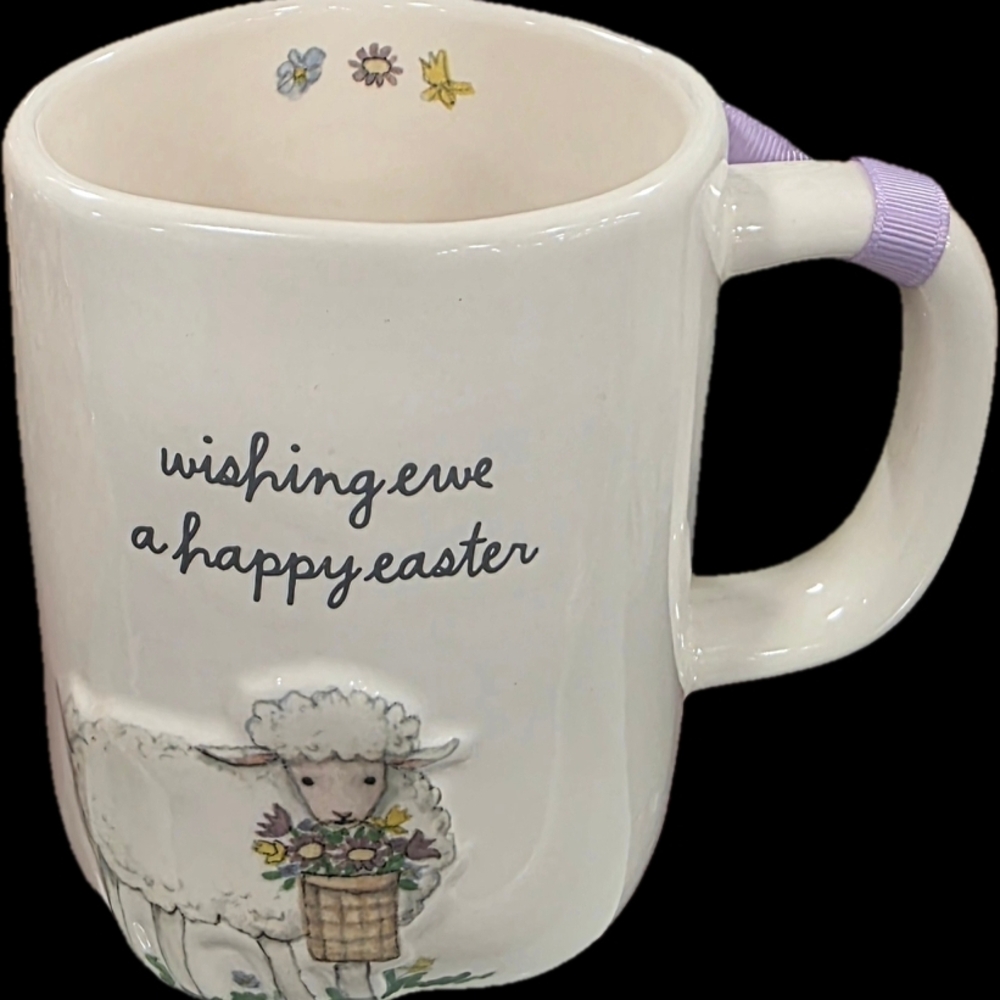 Rae Dunn White Mug with Purple Handle - Wishing Ewe a Happy Easter